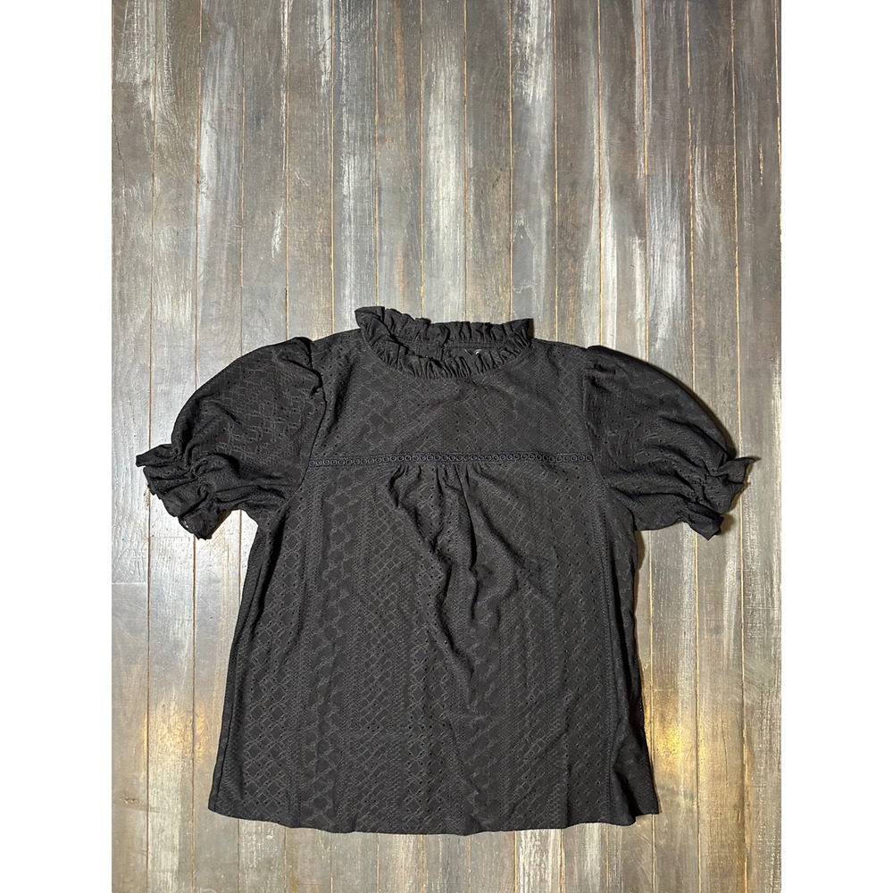Chic Me Black Eyelet Lace Ruffle High Neck Puff Sleeve Blouse Top